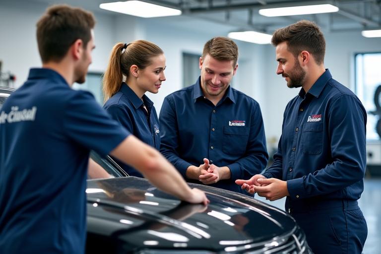 Équipe de Acier Car Wash dans un atelier propre et moderne, en pleine discussion autour d'une voiture polie.